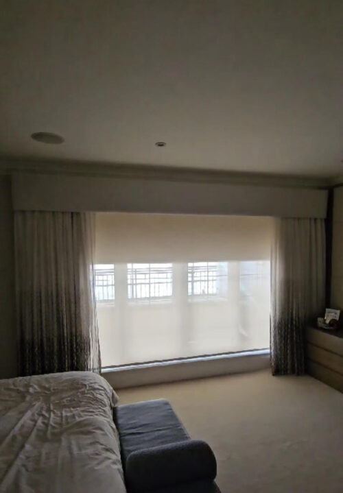Total Darkness, Privacy and Sound Insulation in this overlooked bedroom. Fully Cassetted Blackout Roller Blind with Sheer Privacy Blind and Interlined Blackout Curtains with Pelmet