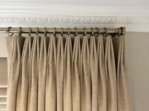 Triple EuroPleat Curtains in our Brushed Cotton. Hanging under pole. Installed for clients in Brookmans Park Herts