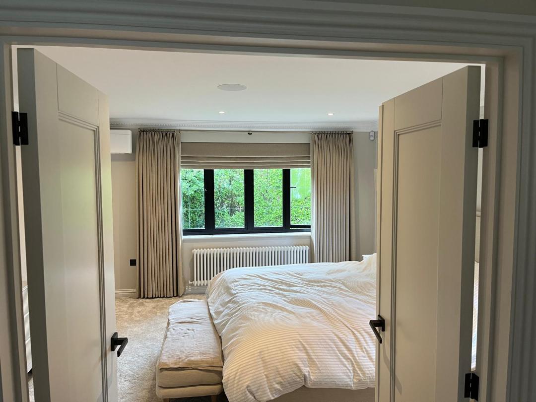 Interlined Curtains and Electric Roman Blind in our Brushed Cotton fitted in Brookmans Park, Herts