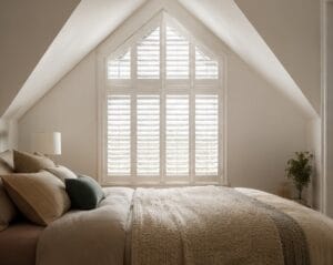 Shaped wooden window shutters installed in London